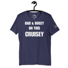 Bad and Boozy on this Cruisey Cruise Shirt in Heather Midnight Navy by the cruise closet