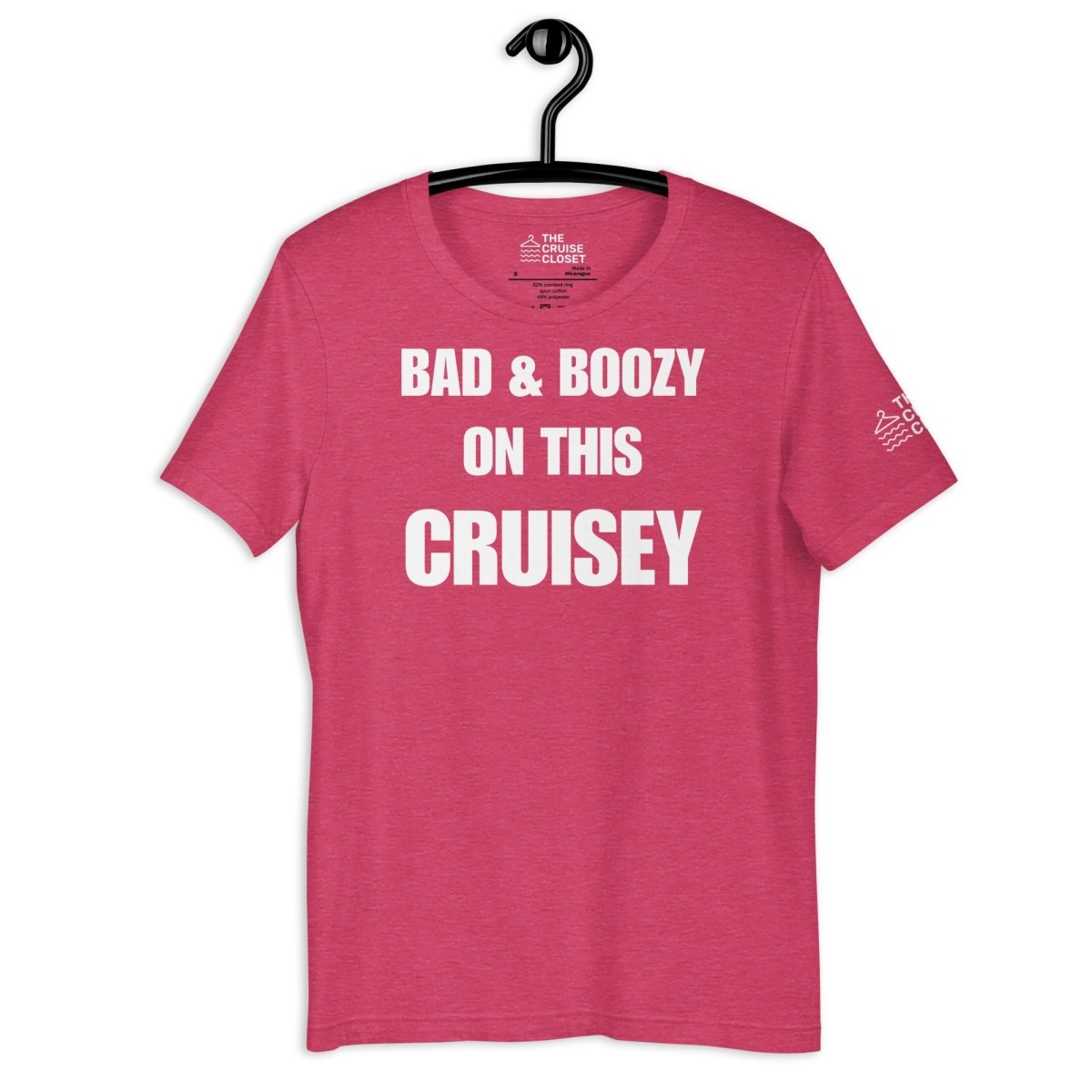 Bad and Boozy on this Cruisey Cruise Shirt in Heather Raspberry by the cruise closet