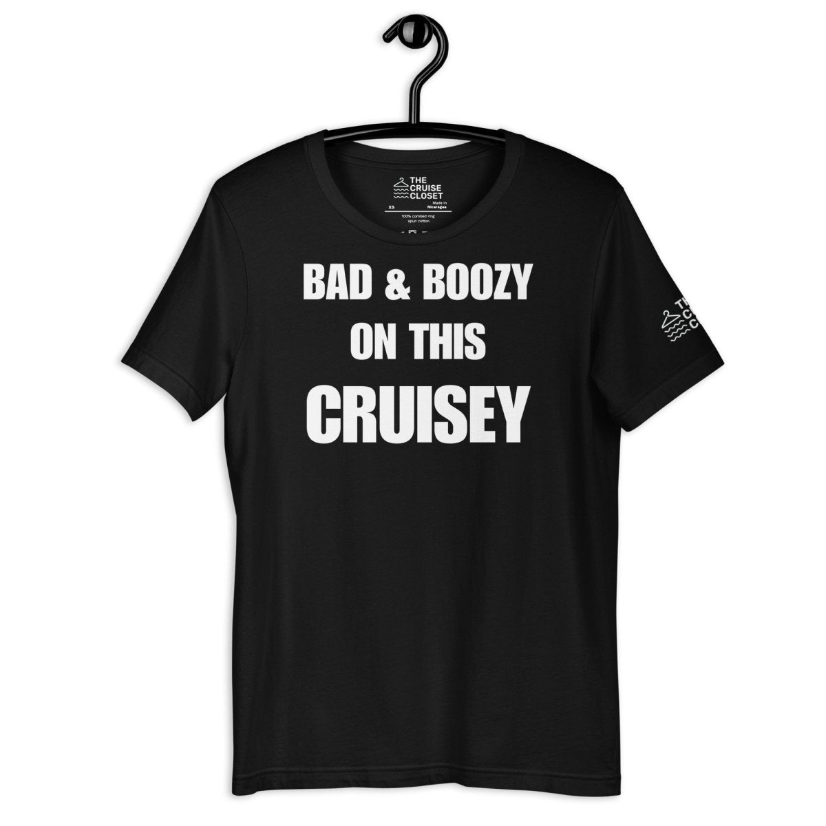 Bad and Boozy on this Cruisey Cruise Shirt in Black by the cruise closet