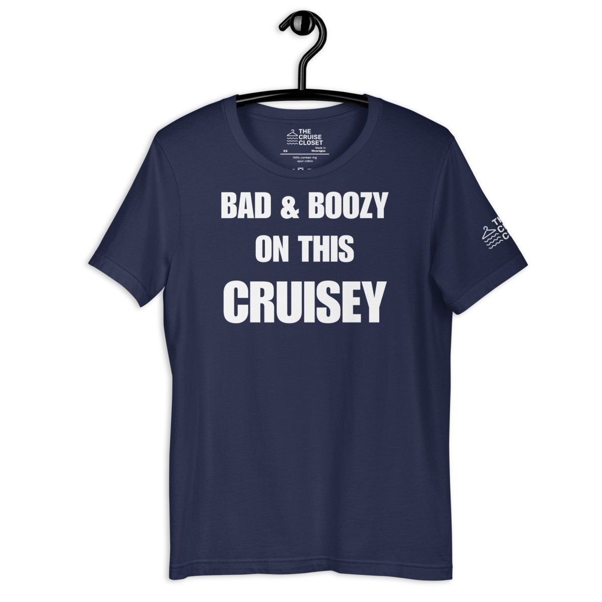 Bad and Boozy on this Cruisey Cruise Shirt in Navy by the cruise closet